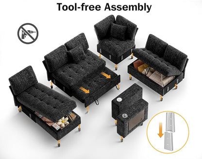 Vipbear 111" Modular Sectional Sleeper Sofa with Pull Out Bed, 7 Seat Chenille L Shaped Couch with Storage Chaise|USB Ports|Cup Holders|Side Table|LED Light, Tool Free Assembly, Black