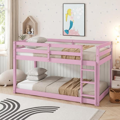 Twin Over Twin Bunk Bed, Low Profile Wooden Frame for Kids Bedroom, Floor Bunk with Ladder and Guardrails, Rubber Wood Construction, 13 Plywood Slats, No Box Spring Needed (Pink)