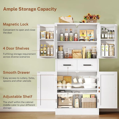 TEENFON Pantry Cabinet with 2 Drawers, Kitchen Storage Cabinet with 4 Door Shelves, Kitchen Pantry for Living Room, Dining Room, Bathroom, White