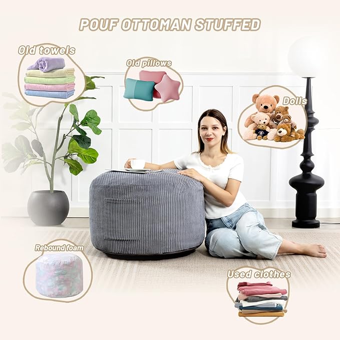 Round Stuffed Pouf Ottoman,Corduroy Foot Rest with Rebound Foam Filled, Furry and Fluffy Foot Stool Ottoman, Floor Poufs for Living Room (Gray, 26" D x 26" W x 18" H)