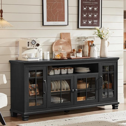 SAVOR LIFE Large Black Sideboard Buffet Cabinet with Storage,Vintage Farmhouse 60" Wide Buffet Cabinet with Glass Doors & Wood Legs,Coffee Bar Cabinet for Dining Room, Living Room