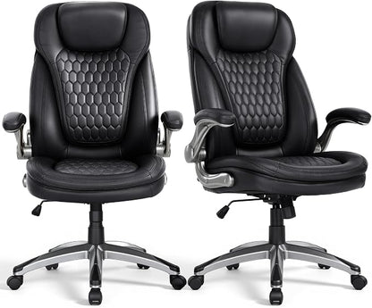 COLAMY High Back Executive Office Chairs, Ergonomic PU Leather Desk Chairs with Flip-Up Armrests, Adjustable Height, Lumbar Support, Comfortable Computer Chairs for Home Office, Set of 2
