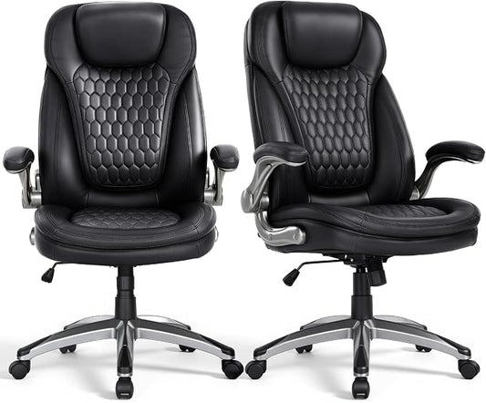 COLAMY High Back Executive Office Chairs, Ergonomic PU Leather Desk Chairs with Flip-Up Armrests, Adjustable Height, Lumbar Support, Comfortable Computer Chairs for Home Office, Set of 2