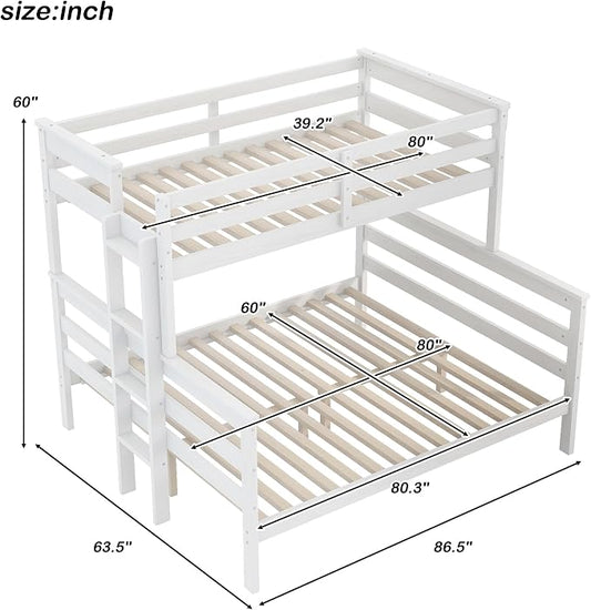 Wood Bunk Bed Twin XL Over Queen Size, Detachable Design Bunk Bed Frame with Safety Guardrail, Ladder and Sturdy Slats Support (White-4.21)