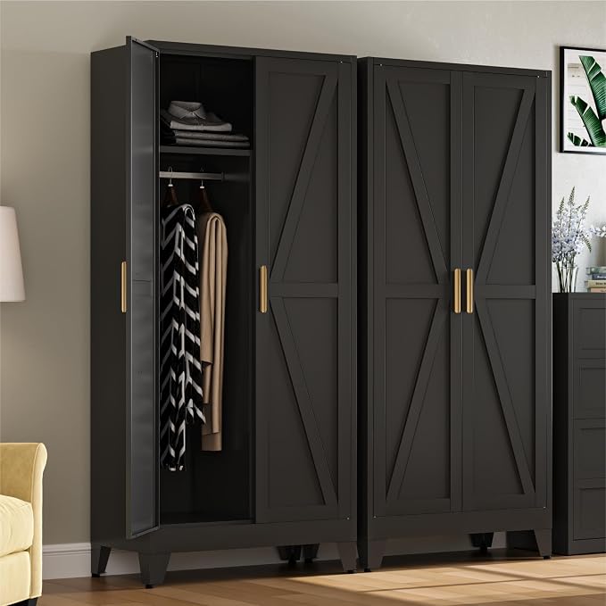 COFaR Metal Armoire Wardrobe Closet with Doors and Shelves & Hanging Rod, 71" Tall Freestanding Wardrobe Storage Cabinet, Bedroom Armoires,Steel Wardrobe Cabinet for Cloak Room,Laundry Room,Gym,Office