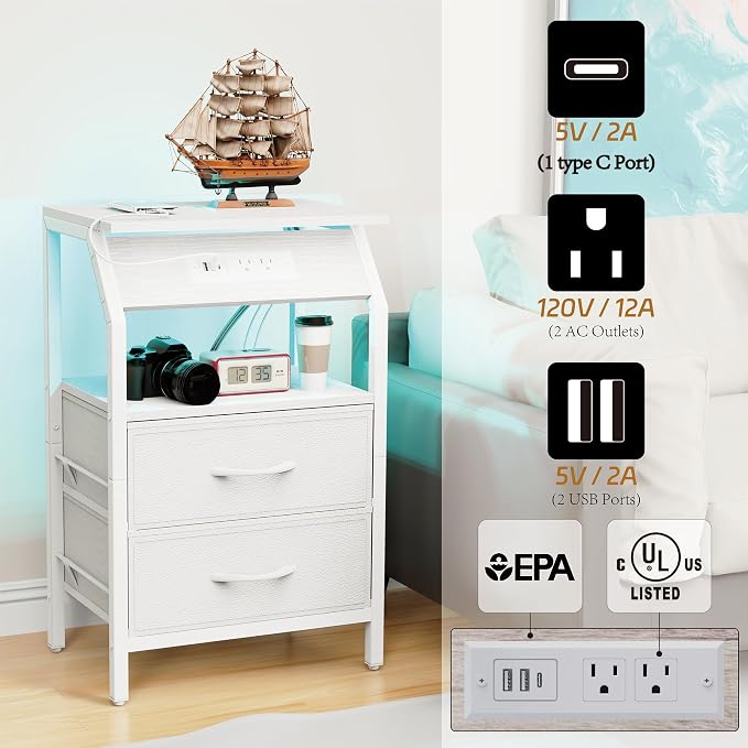 SZLHANJZ LED End Table, Nightstand with 2 Drawers and Charging Station Type C Port, Storage Fabric Night Stand for Bedside, Small Side Table for Living Room Dorm, White