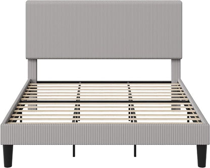 Allewie King Size Upholstered Bed Frame with Vertical Channel Tufted Headboard, Soft Corduroy Fabric Platform Bed, Strong Wooden Slats Support, Easy Assembly, No Box Spring Needed, Light Grey