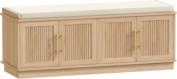 Akxomel Fluted Shoe Storage Bench with Cushion, 47.2" Entryway Bench with Adjustable Shelves and 4 Doors, Shoe Cabinet Bench with Curved Profile, for Hallway, Living Room, Bedroom, Natural Oak