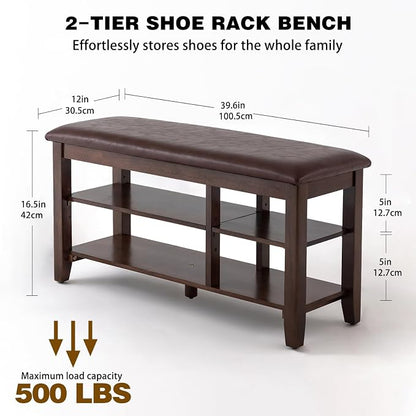 PY HOME & SPORTS Shoe Rack for Entryway 39.4": 2-Tier Shoe Storage Bench, Adjustable/Removable Shelves, Rubberwood Shoe Benches for Hallway, Porch, Bathroom, Brown