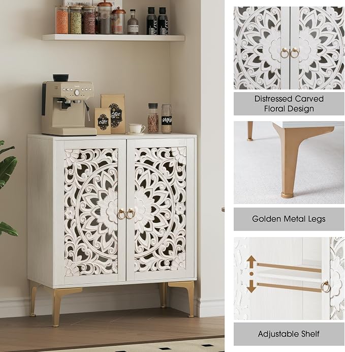 JOINICE 31.5" Accent Storage Cabinet with Carved Doors, White Boho Sideboard for Storage, Coffee Bar Cabinet & Entryway Table with Gold Legs, Decorative Buffet Cabinet for Dining Room, Living Room