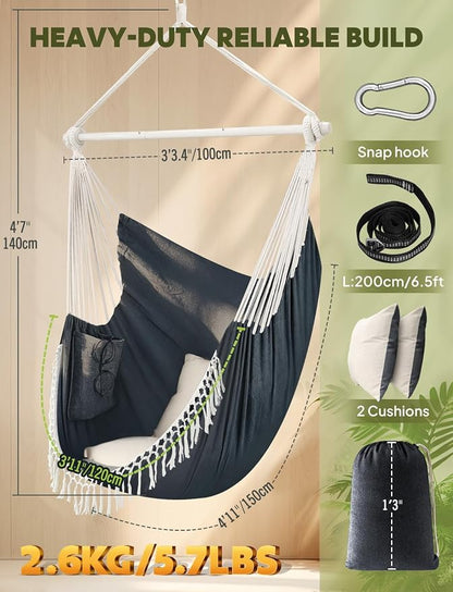 Chihee Hammock Chair 4.9ft x 3.9ft Max 500 Lbs Widen Hanging Swing 2 Cushions Included Metal Spreader Bar with Anti-Slip Grooves Portable Comfy Hanging Chair Side Pocket Bohemian Chair Indoor Outdoor