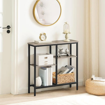 HOOBRO Narrow Console Table, Sofa Table, 4-Tier Industrial Entryway Table with Metal Mesh Shelf, Hallway Table with Adjustable Feet, for Entryway, Living Room, Hallway, Greige and Black BG79XG01