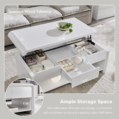 Aitjunz 47" Lift Top Coffee Table with Storage, Modern Coffee Table with Pull-Out Drawer and Two-Tier Storage, Rectangle Wood Center Table w/Curved Profile Design for Living Room, White