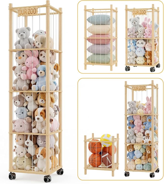 DIY Stuffed Animal Storage Kit, Adjustable 1–4 Tier Stuffed Animal Organizer with Wheels, Large Plushies Storage for Playroom, Bedroom & Nursery, Designed for Growing Toy Collections