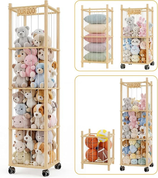 DIY Stuffed Animal Storage Kit, Adjustable 1–4 Tier Stuffed Animal Organizer with Wheels, Large Plushies Storage for Playroom, Bedroom & Nursery, Designed for Growing Toy Collections