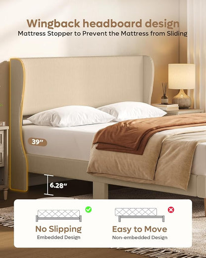 Bestier Queen Bed Frame with Wingback Headboard,Upholstered,Taque | Wingback Headboard,Easy Assembly,No Squeaks,Vertical Channel Corduroy Upholstered,Wooden Slats Support,No Box Spring Needed