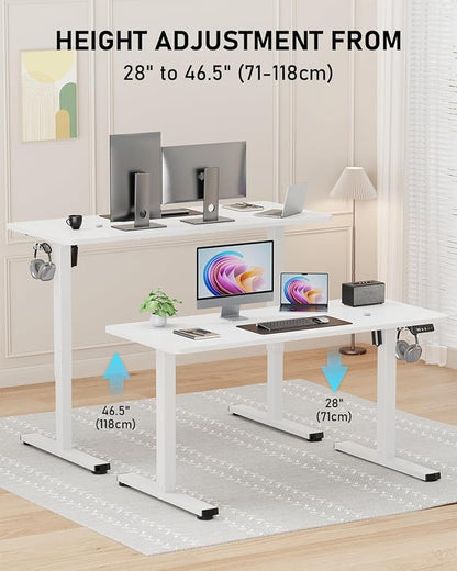 48" Electric Standing Desk Adjustable Height, Sit Stand up Desk for Home Office & Computer Workstation, 2 Memory Height Settings, Splice Board, 2 Hooks, White Frame/White Top