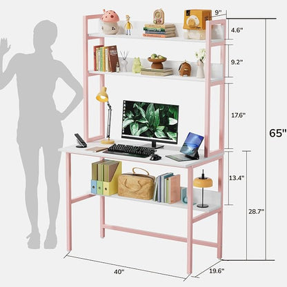 Aquzee Girls Desk with Hutch, 40“W x 19.6" D Computer Desk with Shelves, Tall Home Office Desk with Bookshelf, Metal Legs Study Table with Upper Storage Shelf for Study Writing/Workstation, Pink