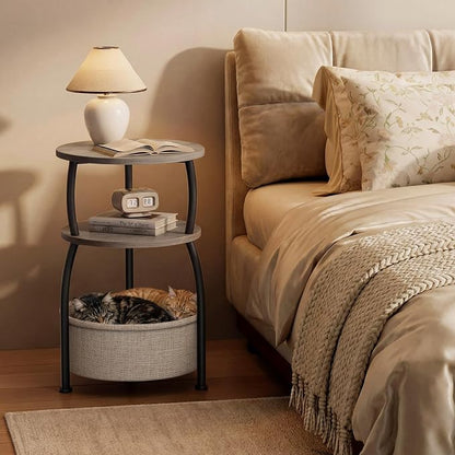 Round Side Table with Storage Basket, End Table Living Room, Greige | Round End Table, Small Bedside Table for Bedroom, 3 Tiers, Sofa Couch Side Table, Linen Storage, Greige 15.75in