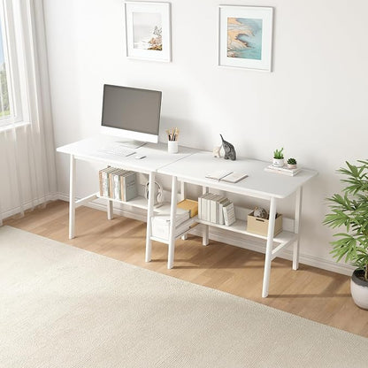 NELYE 2 Person Desk with Storage Bookshelf, 110” x 24” in, White | Fits Two People, Trapezoid Solid Wood Legs for Stability, Splits into Two Desks, Suitable for Home Office and Study