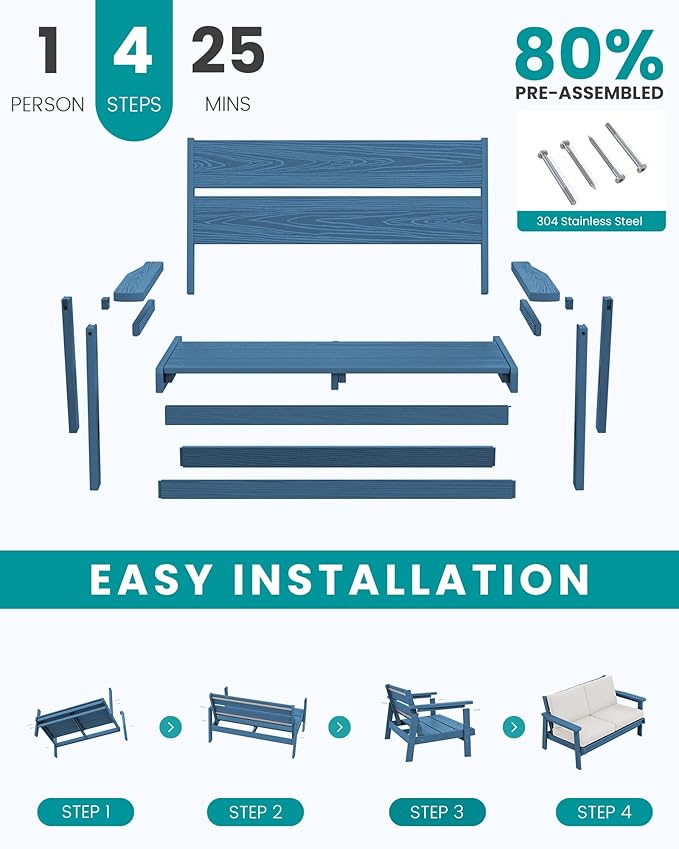 SERWALL 4 Piece HDPE Outdoor Furniture Set, All Weather Wood-Like Outdoor Sofa Sectional Couch, Bllue Patio Furniture Set with Khaki Cushions