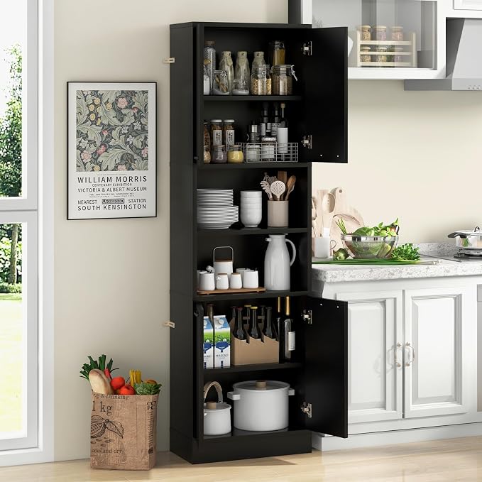 Giantex Kitchen Pantry Cabinet, 75” Tall Freestanding Cupboard with Doors & Shelves, Safety Hinges & Anti-Tipping Devices, Storage Sideboard for Dining Room, Living Room (Black)