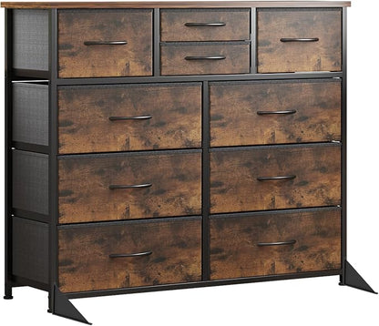 LUMTOK 10-Drawer Dresser, Fabric Storage Tower with Drawers for Bedroom, Dresser Drawer with Handle for Bedroom, Living Room, Hallway, Closets & Nurseryteel Frame, Wood Top (10 Drawer/Rustic Brown)