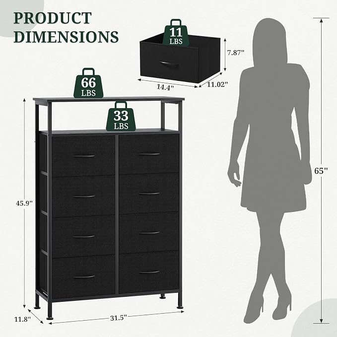8 Drawers Dresser with Open Shelf, 46" Tall Storage Organizer Chest of Drawer with Wooden Top, Sturdy Metal Frame for Bedroom, Hallway, Living Room, Black