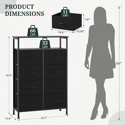 8 Drawers Dresser with Open Shelf, 46" Tall Storage Organizer Chest of Drawer with Wooden Top, Sturdy Metal Frame for Bedroom, Hallway, Living Room, Black