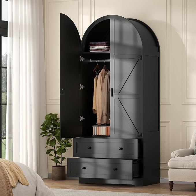 Gyfimoie Black Armoire Wardrobe Closet with 2 Drawers, 75" Wooden Wardrobe with 2 Doors, Freestanding Closet Armoire Cabinet with Hanging Rack, Clothing Storage Cabinet for Bedroom (Black)