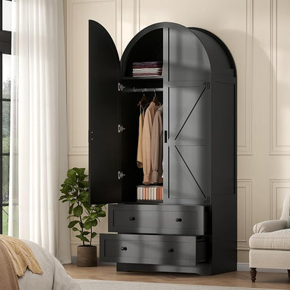 Gyfimoie Black Armoire Wardrobe Closet with 2 Drawers, 75" Wooden Wardrobe with 2 Doors, Freestanding Closet Armoire Cabinet with Hanging Rack, Clothing Storage Cabinet for Bedroom (Black)