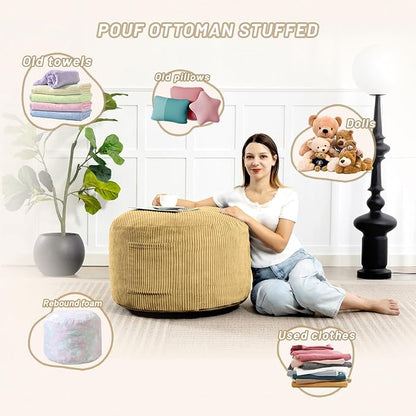 Round Stuffed Pouf Ottoman,Corduroy Foot Rest with Rebound Foam Filled, Furry and Fluffy Foot Stool Ottoman, Floor Poufs for Living Room (Yellow, 20" D x 20" W x 15" H)