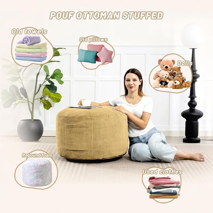 Round Stuffed Pouf Ottoman,Corduroy Foot Rest with Rebound Foam Filled, Furry and Fluffy Foot Stool Ottoman, Floor Poufs for Living Room (Yellow, 26" D x 26" W x 18" H)
