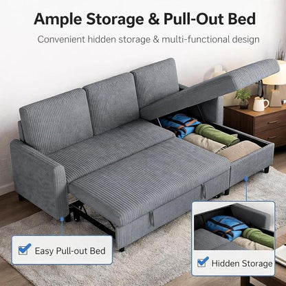 77" Pull Out Sleeper Sofa Bed with Storage Chaise, L-Shaped Corduroy Sectional Couch, 3-Seater Convertible Sofa Bed for Small Space, Apartment & Guest Room, Pet-Friendly & Easy Assembly, Dark Grey