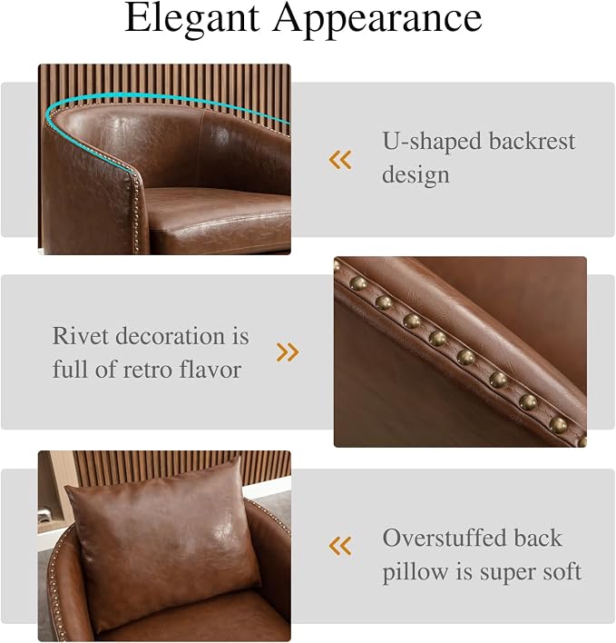 HAOMARKETS 360 Degree Swivel Accent Chair Set of Two with Plump Back Pillow, Waterproof Oil Waxed PU Leather Swivel Armchair with Rivets, Comfy Vintage Round Barrel Chair for Living Room