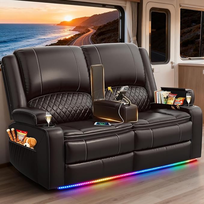 RV Loveseat Recliner Wall Hugger, Manual RV Reclining Loveseat with Removable Armrest, 3X Adjustable Theater Wall Hugger Loveseat Recliners with USB Ports, Cup Holders, Multi-Storage (PU,Brown)