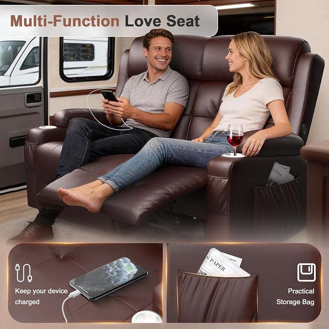 Reclining Loveseat, 55.1" RV PU Leather Wall Hugger Recliner Love Seats Sofa with USB-A/Type C Charging Station, Cup Holder, Double Recliners Couch, Manual Love Seat for RV & Gaming Room