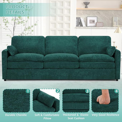 89” Chenille Sofa w/Arm Pillows, Upholstered 3-Seater Sofa w/Comfortable Back Cushions, Modern 3 Seats Couch w/High-Density Foam for Living Room, Apartment, Office, Teal