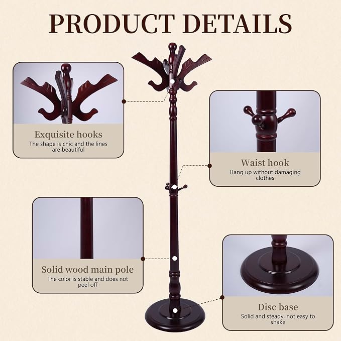 Wooden Coat Rack Free standing, Vintage Coat Rack Stand for Entryway, Adjustable Height 73", Heavy Duty Coat Tree with Solid Round Base for Home Bedroom, Office (Hummingbird)