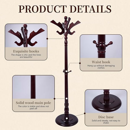 Wooden Coat Rack Free standing, Vintage Coat Rack Stand for Entryway, Adjustable Height 73", Heavy Duty Coat Tree with Solid Round Base for Home Bedroom, Office (Hummingbird)