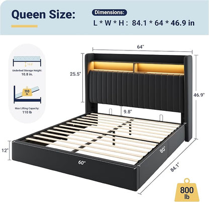 Allewie Queen Size Lift Up Hydraulic Storage Bed Frame, 2-Tier Shelf Headboard with LED Lights and Charging Station, USB and Type C Ports, Wingback Velvet Headboard, No Box Spring Needed, Black