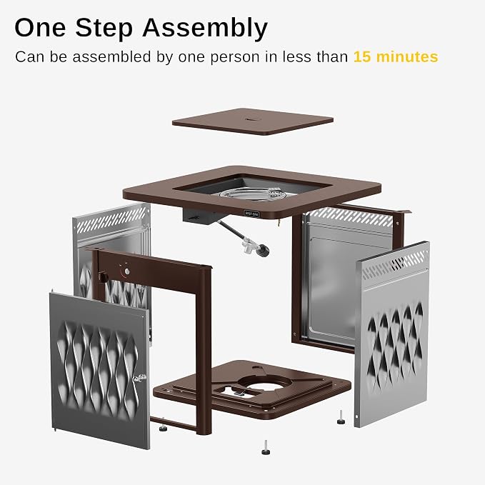EAST OAK 28'' Stainless Steels Fire Pits Table, 50,000 BTU Upgraded Steel Gas FirePit for Outdoor, Outside Patio, CSA Certified Fire Table with Magnetic Lid, Cover-Storage Basket and Lava Rock, Brown