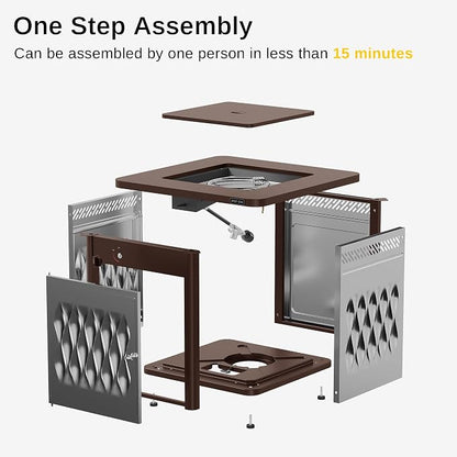EAST OAK 28'' Stainless Steels Fire Pits Table, 50,000 BTU Upgraded Steel Gas FirePit for Outdoor, Outside Patio, CSA Certified Fire Table with Magnetic Lid, Cover-Storage Basket and Lava Rock, Brown