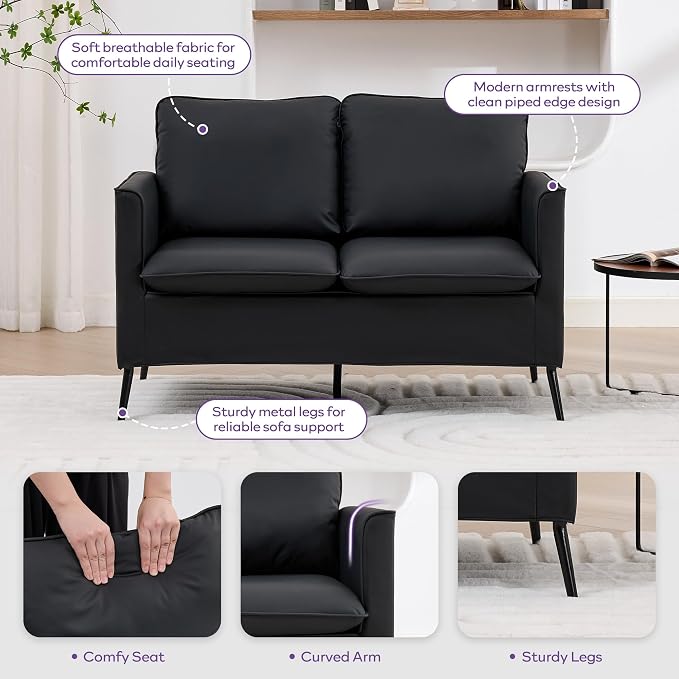 TYBOATLE Faux Leather Loveseat Sofa, Comfy Small Love Seat Mini Couch with 2 Pillows, Mid-Century Modern 2 Seater Couches for Small Spaces, Living Room, Bedroom, Apartment, Office, Dorm (Black, 1)