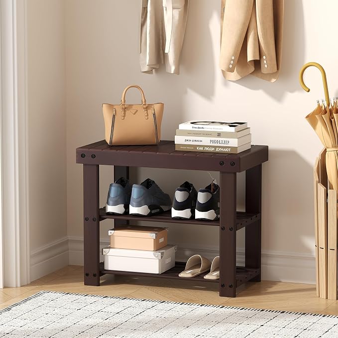 NEWBULIG Shoe Rack Bench, 3-Tier Bamboo Shoe Organizer, Wooden Entryway Storage Bench, 286 lb Load Capacity, 11.2x19.7x17.9 Inches, for Entryway Bathroom Bedroom Balcony, Brown