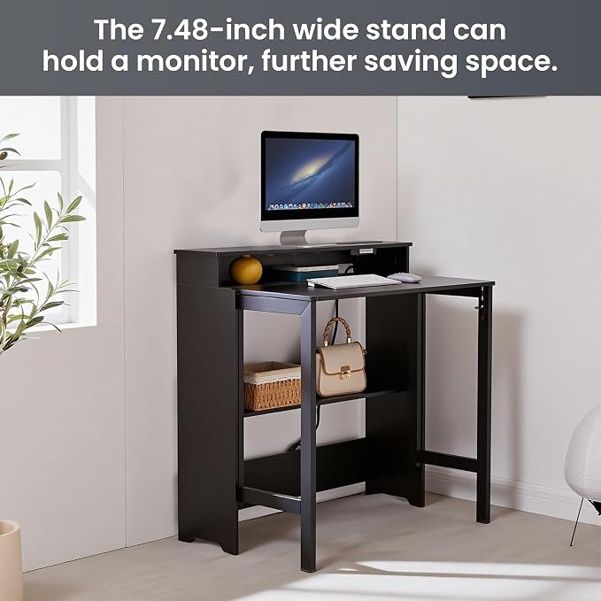 Fold Out Desk with Power Outlets, Small Foldable Table with Storage Shelf,Space-Saving Hidden Desk for Bedroom, Living Room & Office (Black)