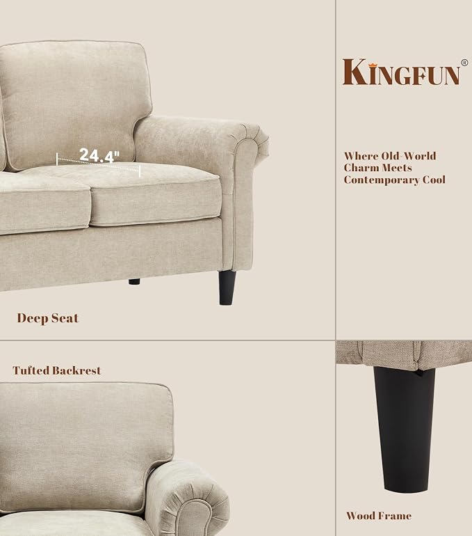 Kingfun Loveseat 2 & 3 Seater Couch with Chair, Mid Century Modern Chenille Sofa Set with Rolled Arms and Deep Seats, Fluffy Comfort for Living Room, Apartment, Easy Assembly, Khaki