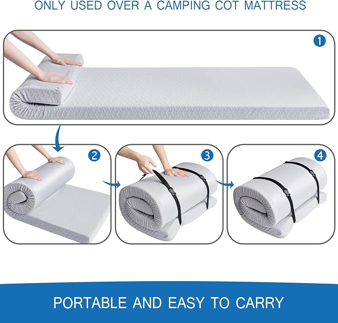 Memory Foam Camping Pad 3 Inch Thick, Soft Sleeping Pad with Waterproof Cover, Roll Up Cot Pad Topper for Travel Truck Bed Tent, Pad Only