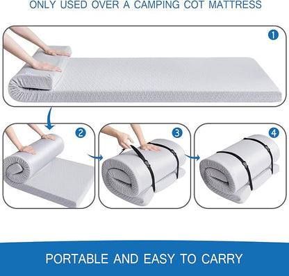 Memory Foam Camping Pad 3 Inch Thick, Soft Sleeping Pad with Waterproof Cover, Roll Up Cot Pad Topper for Travel Truck Bed Tent, Pad Only