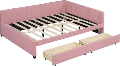Merax Full Size Upholstered Daybed with 2 Storage Drawers,Wooden Sofa Bed Frame for Bedroom Guest Room, No Box Spring Needed